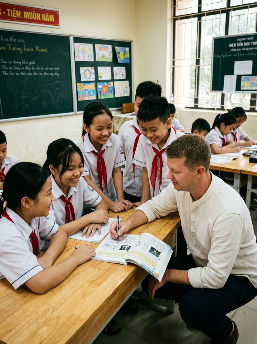 Volunteer teaching children in a Vietnamese classroom